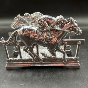 Arthur court Silver aluminum Horse Racing napkin holder, derby, thoroughbred